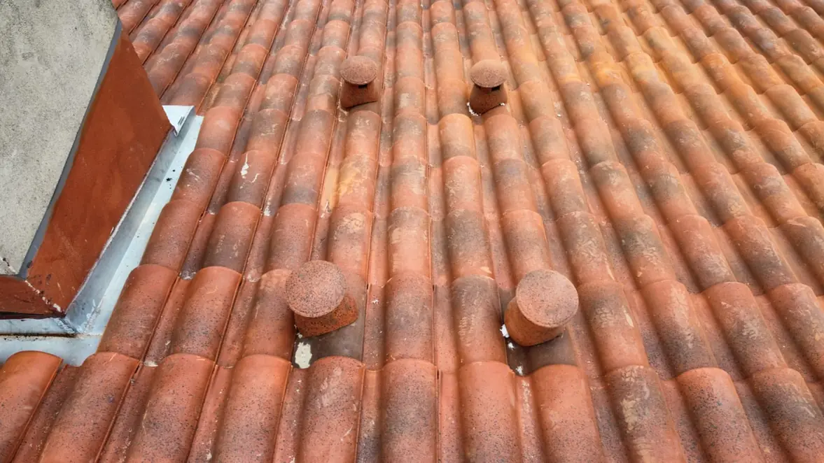 Faîtage et souches de cheminée vus du ciel
