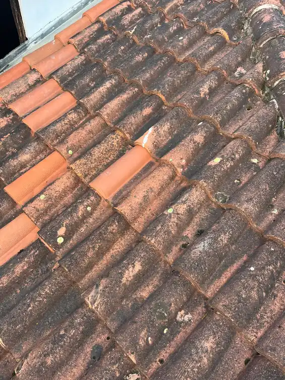 Rangs de tuiles plates anciennes sur une toiture de bourg